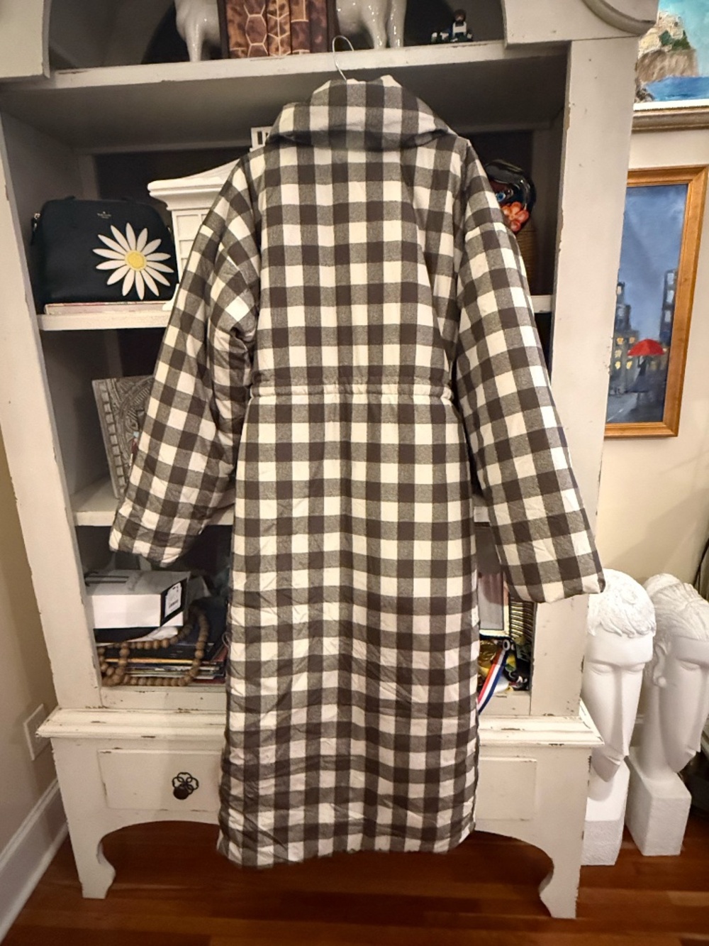 Norma Kamali plaid sleeping bag coat brown cream checkered pattern M/L - Picture 7 of 8